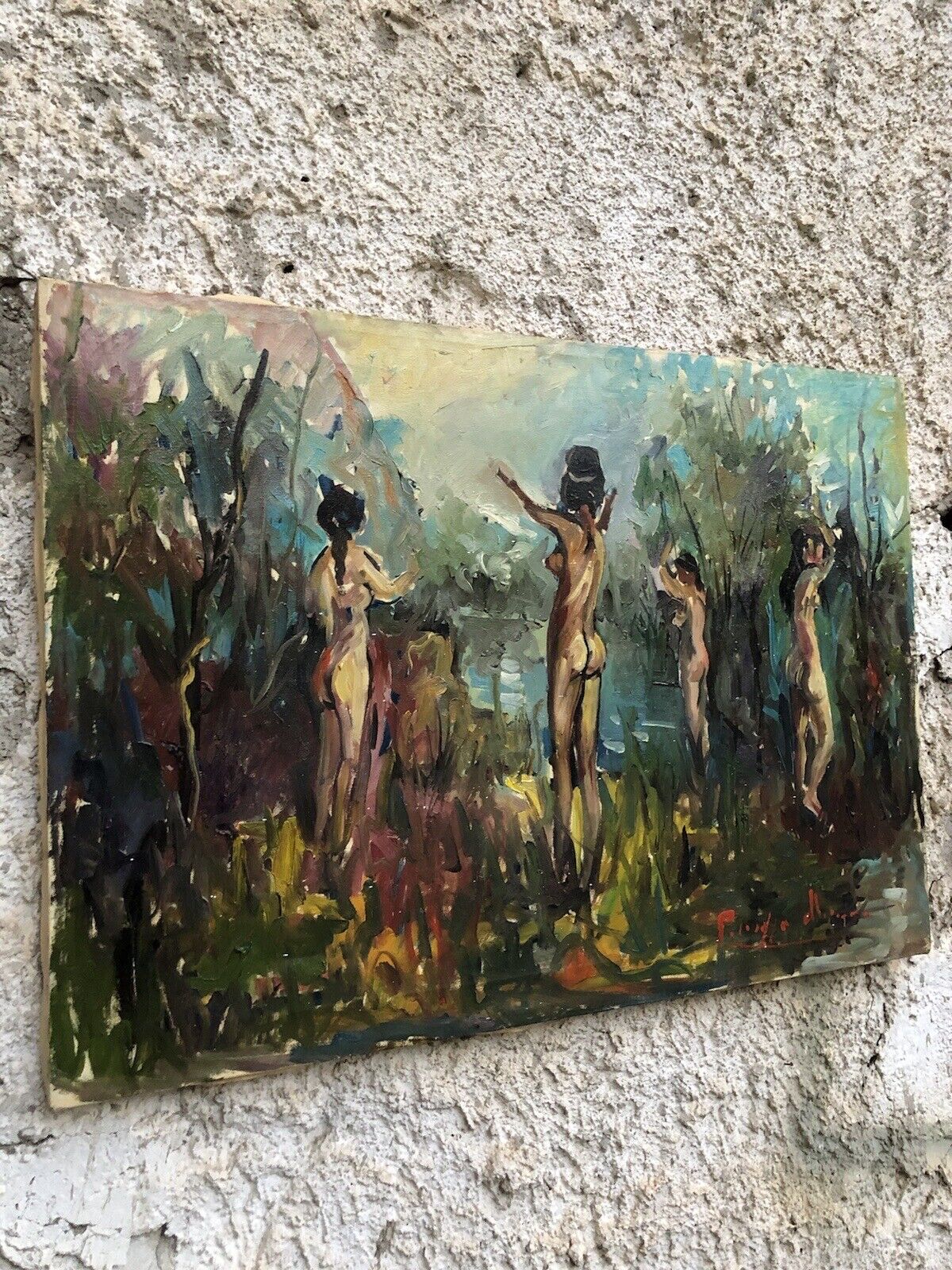 Quadro vintage -Bagnanti- dipinto a olio su tela