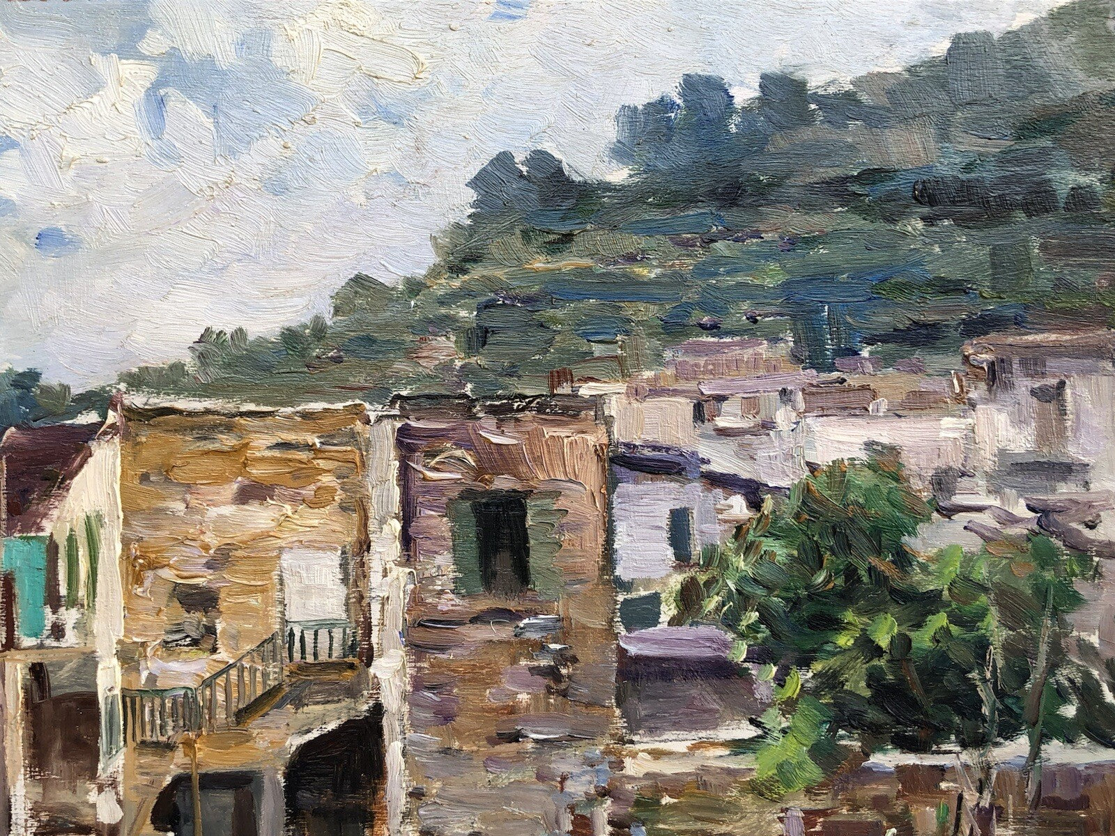 Quadro vintage -Paesaggio Con Case- dipinto a olio su tavoletta