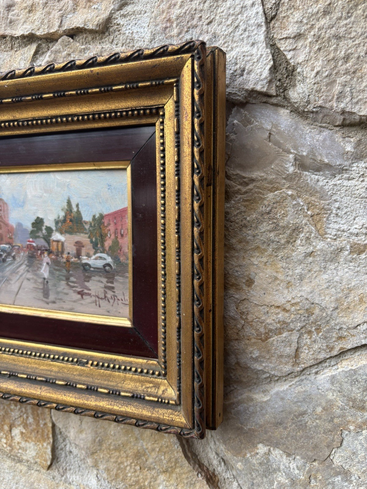 Quadro miniatura -Strada Con Figure- dipinto a olio su tavoletta