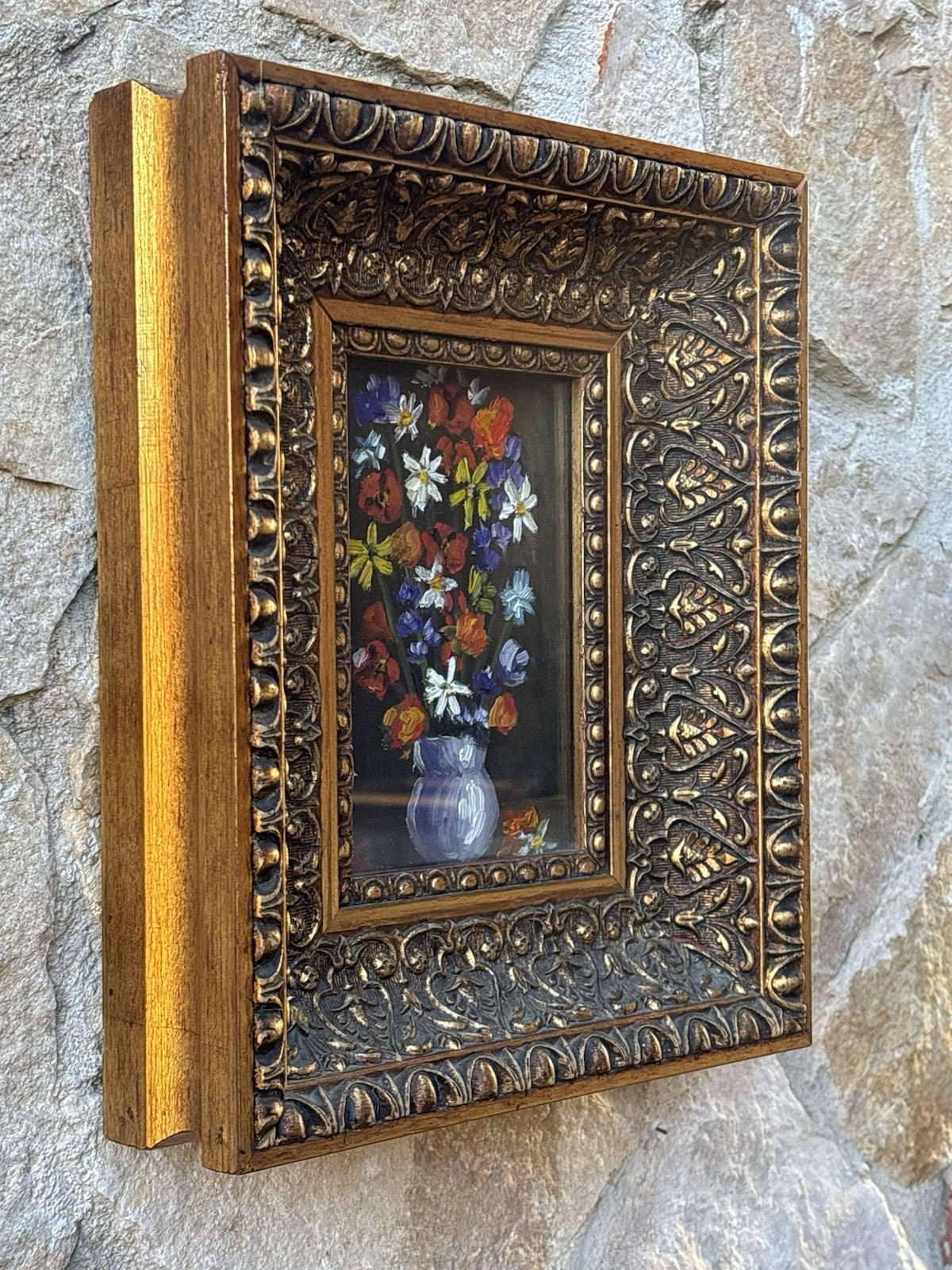 Quadro Vintage Con Fiori Dipinto A Olio