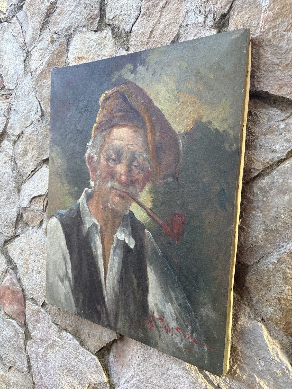 Quadro -Anziano Con Pipa- Angelo Sansone- dipinto a olio su tela