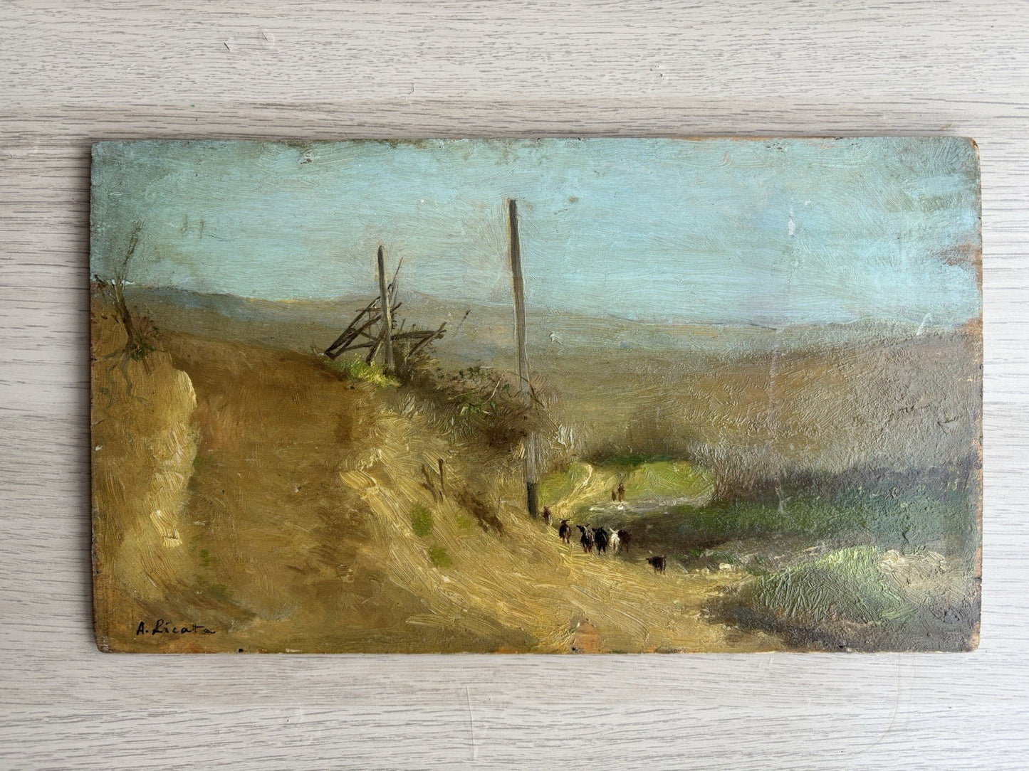 Quadro antico -Paesaggio Con Gregge- Augusto Licata dipinto a olio su tavola