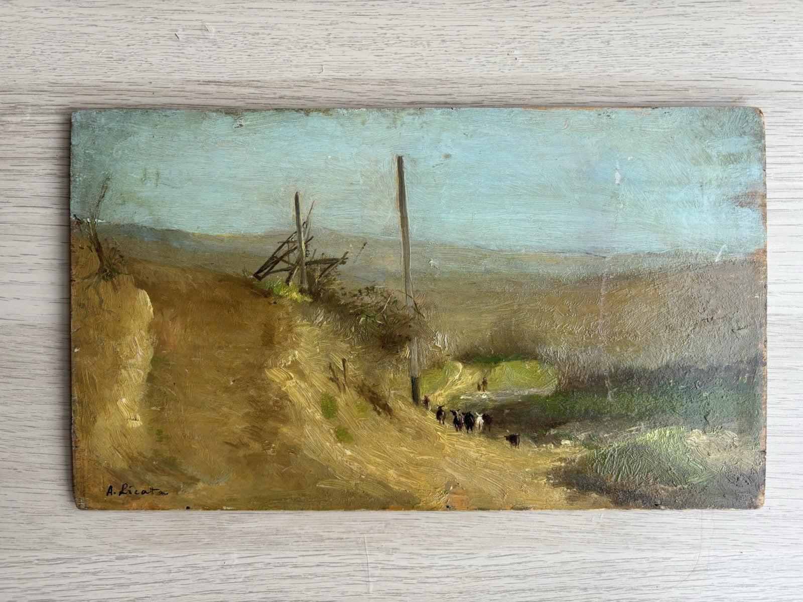 Quadro antico -Paesaggio Con Gregge- Augusto Licata dipinto a olio su tavola