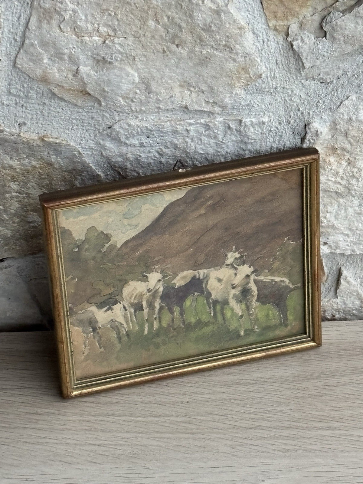 Quadro miniatura -Capre Al Pascolo- realizzato ad acquerello su carta