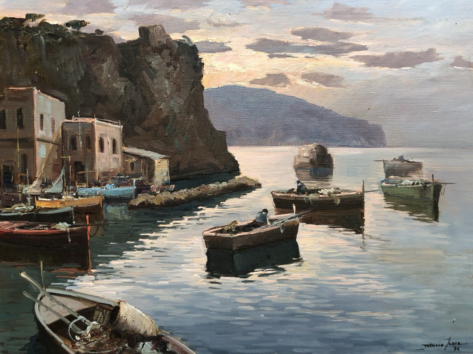 Quadro -Marina Di Procida Al Tramonto- dipinto a olio su tela