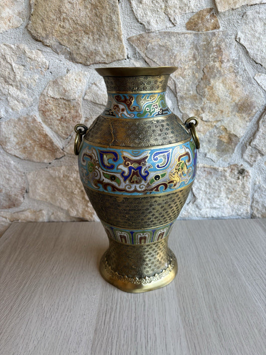 Vaso Vintage In Ottone E Smalto Cloisonnè