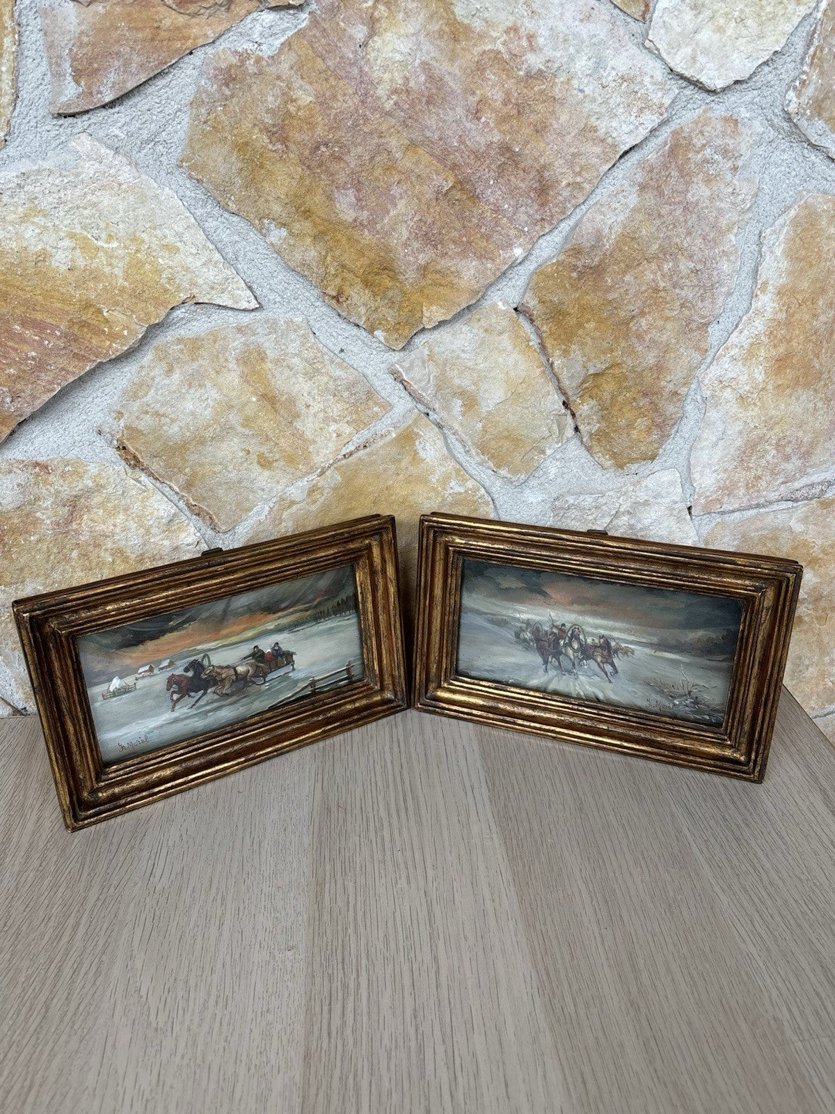 Coppia Di Quadri Vintage, Miniature Dipinte A Olio Su Rame