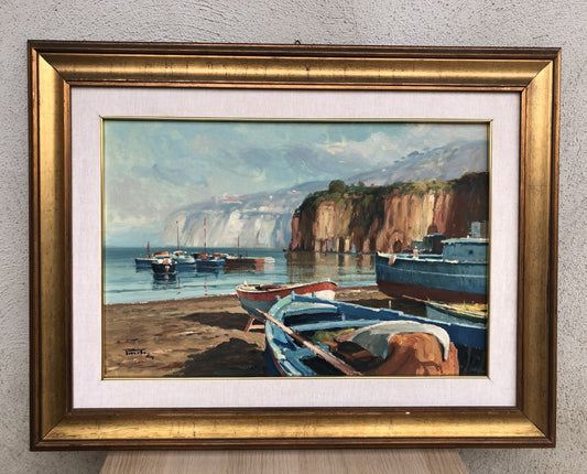 Quadro -Marina Con Barche- dipinto a olio su tela