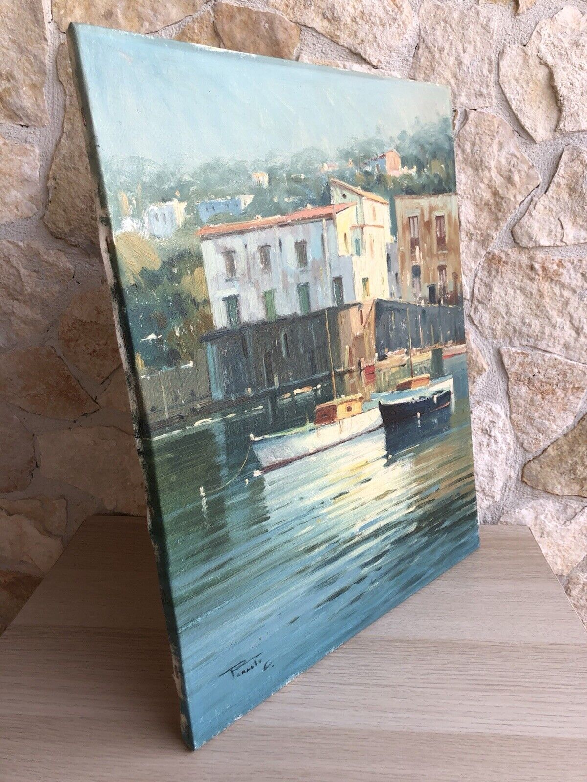 Quadro -Marina Con Barche- dipinto a olio su tela