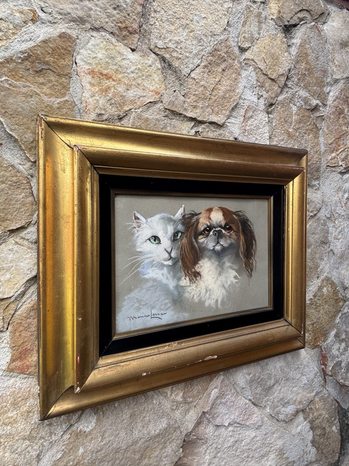 Quadro -Cane E Gatto- Marino Lenci realizzato a pastello su carta