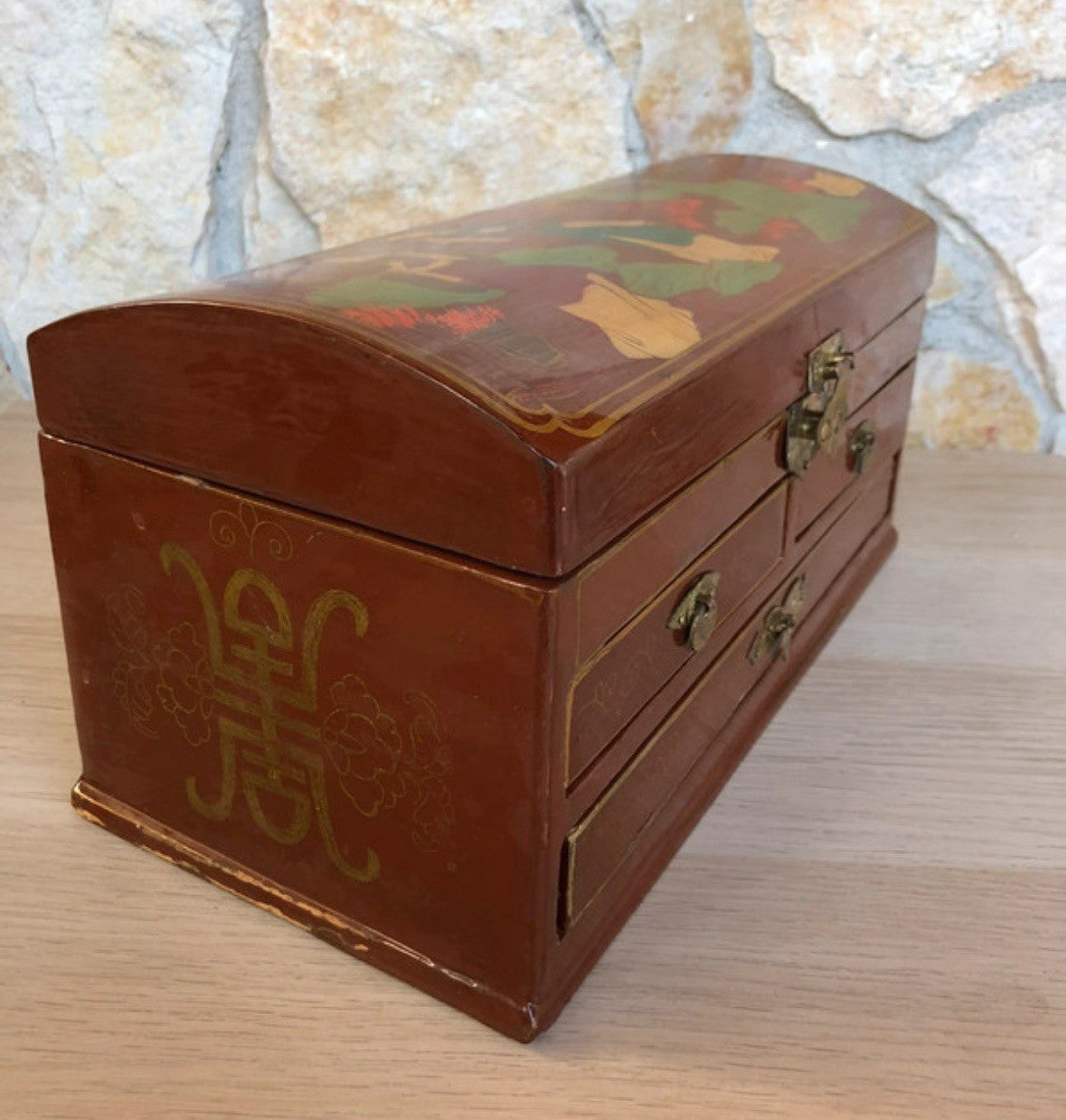 Scatola Orientale Portagioie Vintage In Legno Con Specchio Interno