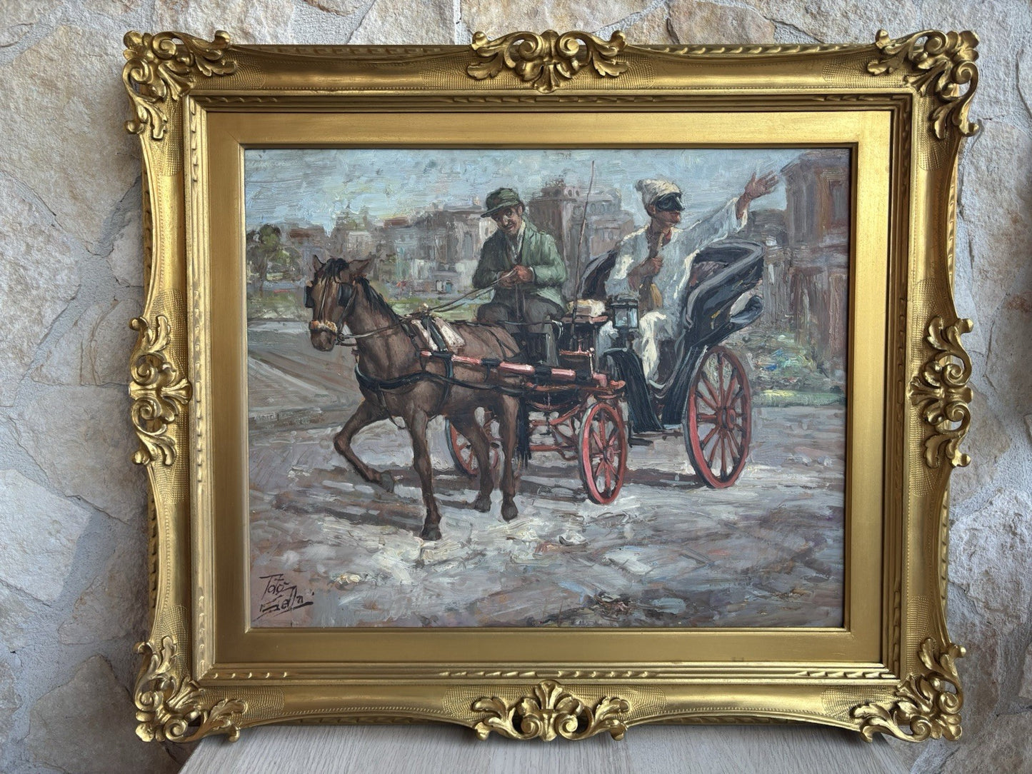 Quadro -Pulcinella In Carrozza- dipinto a olio