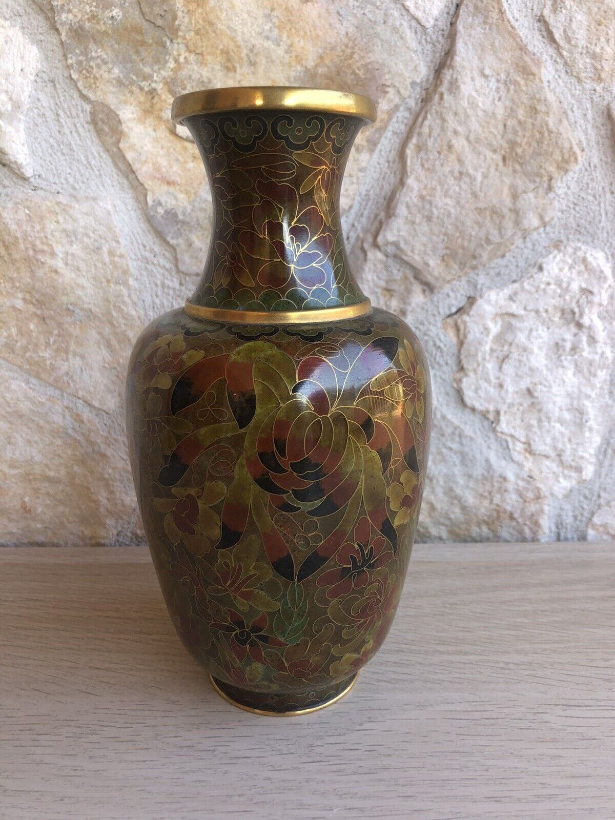 Vaso Vintage In Ottone E Cloisonne Cinese