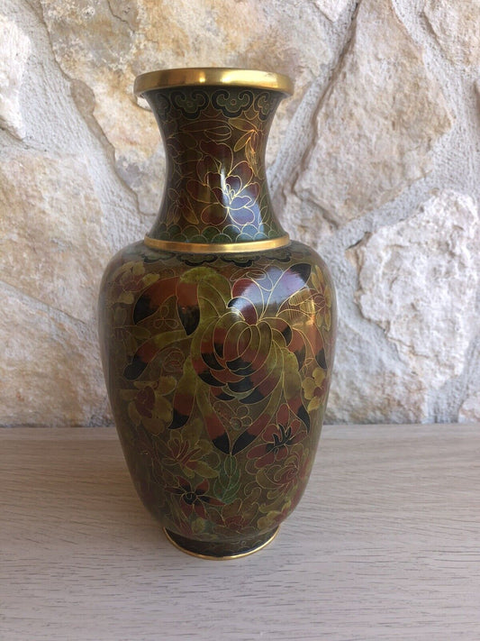 Vaso Vintage In Ottone E Cloisonne Cinese
