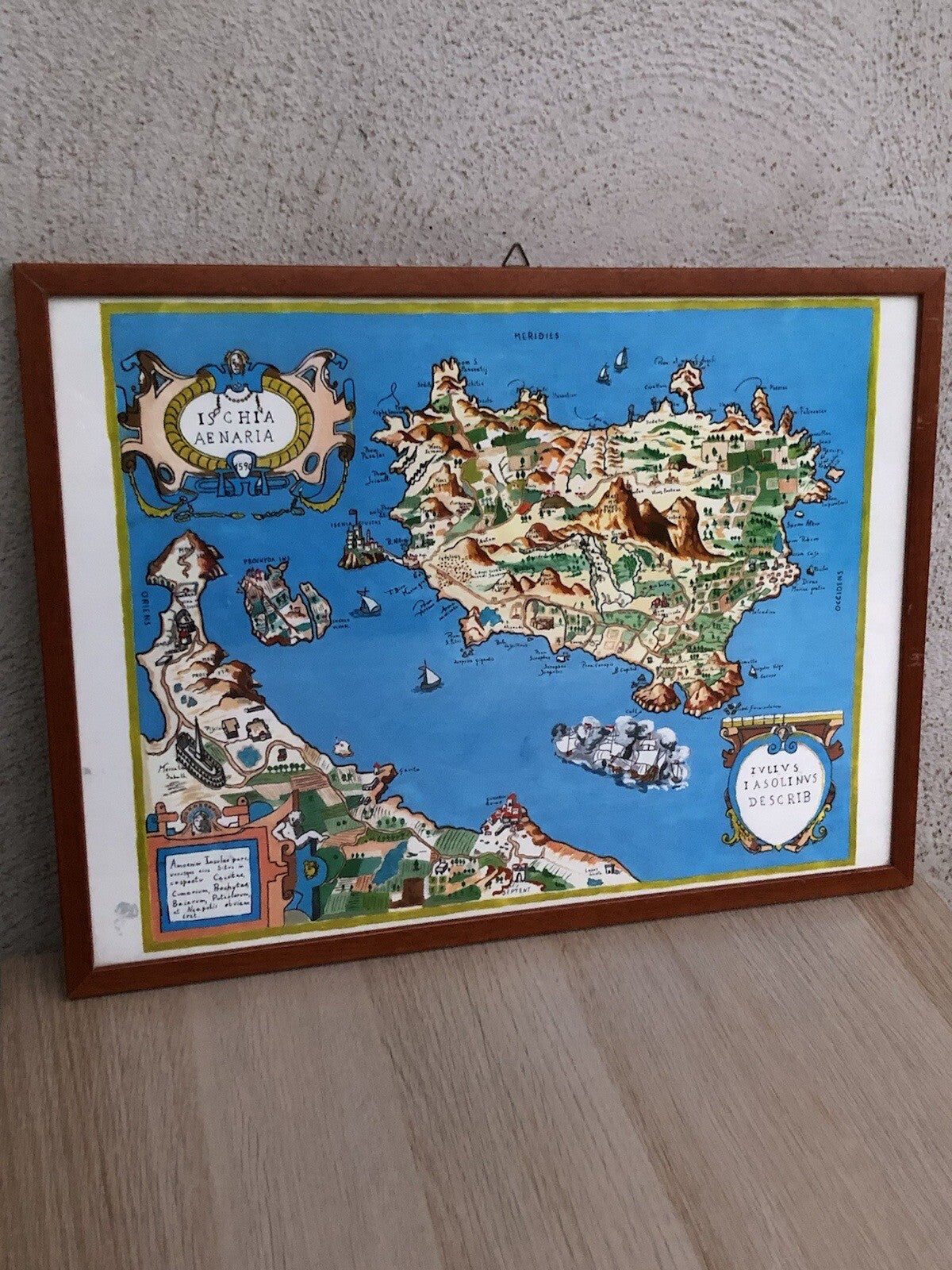 Mappa Vintage -Ischia Aenaria Antica- Dipinta Ad Acquerello E Tempera Su Carta