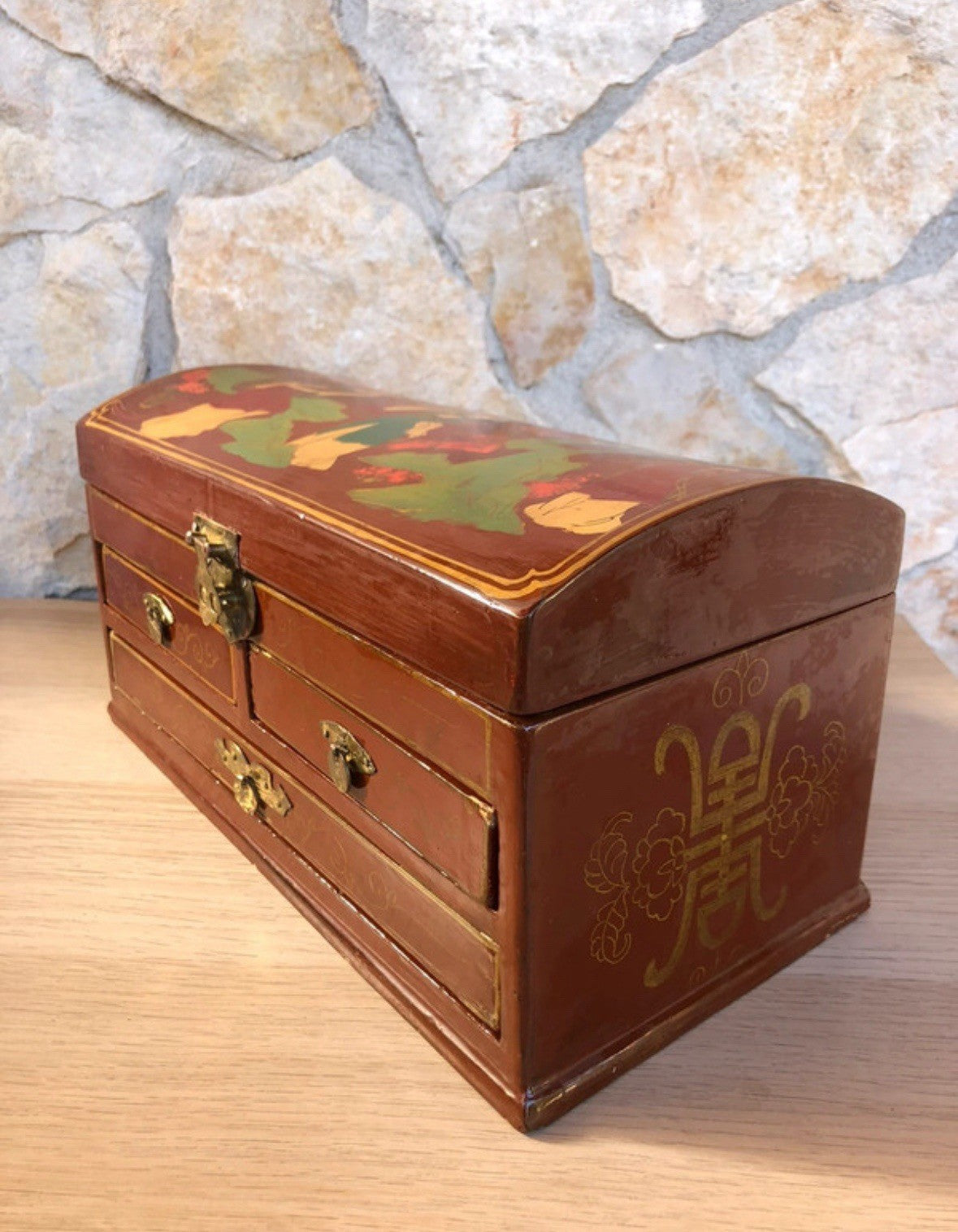 Scatola Orientale Portagioie Vintage In Legno Con Specchio Interno