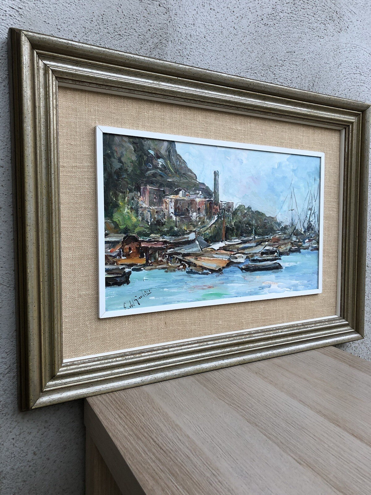 Quadro vintage -Marina Con Barche- dipinto a olio