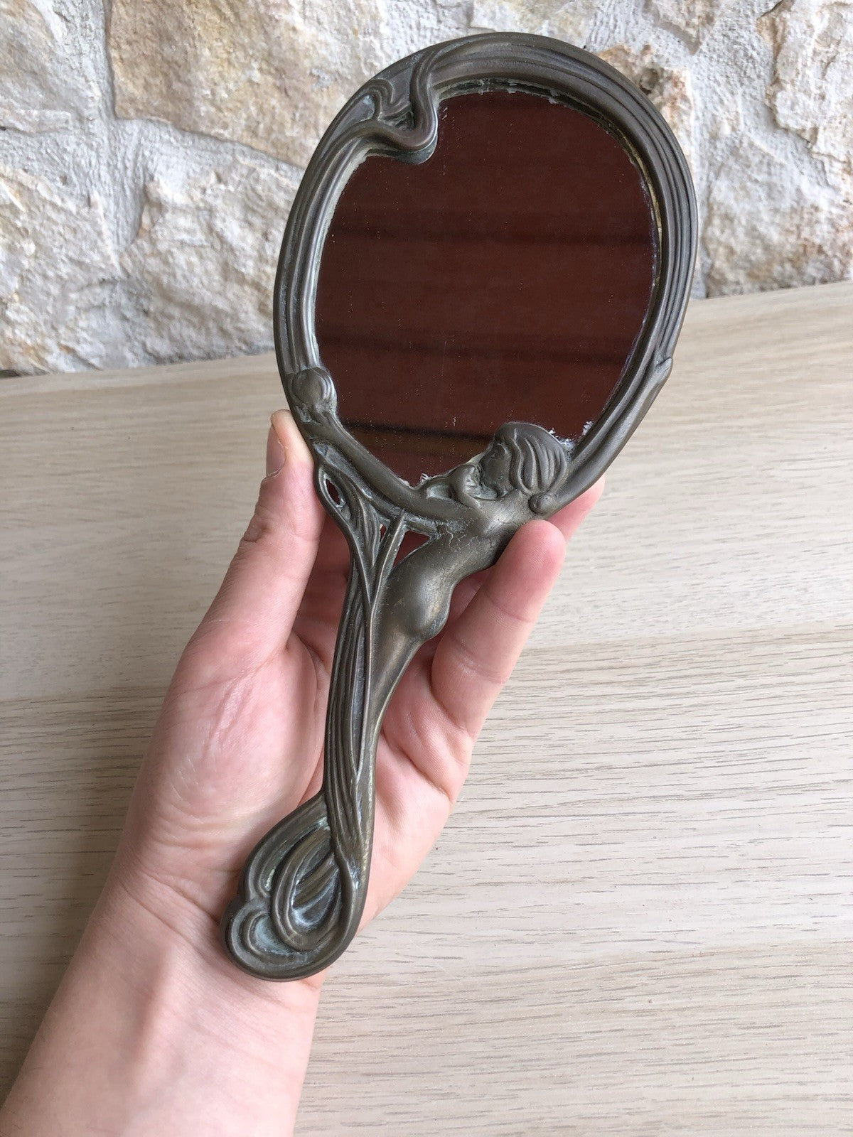 Specchio da tavolino in ottone Stile Liberty vintage