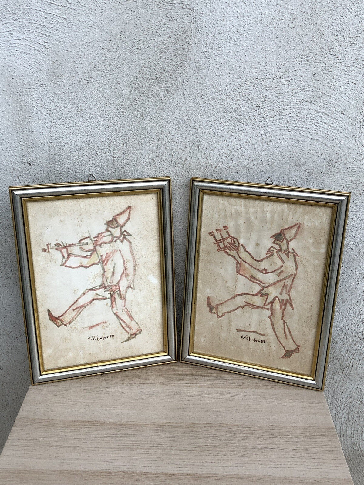 Coppia di quadri -Pulcinella- Vittorio Pisco a tecnica mista su carta