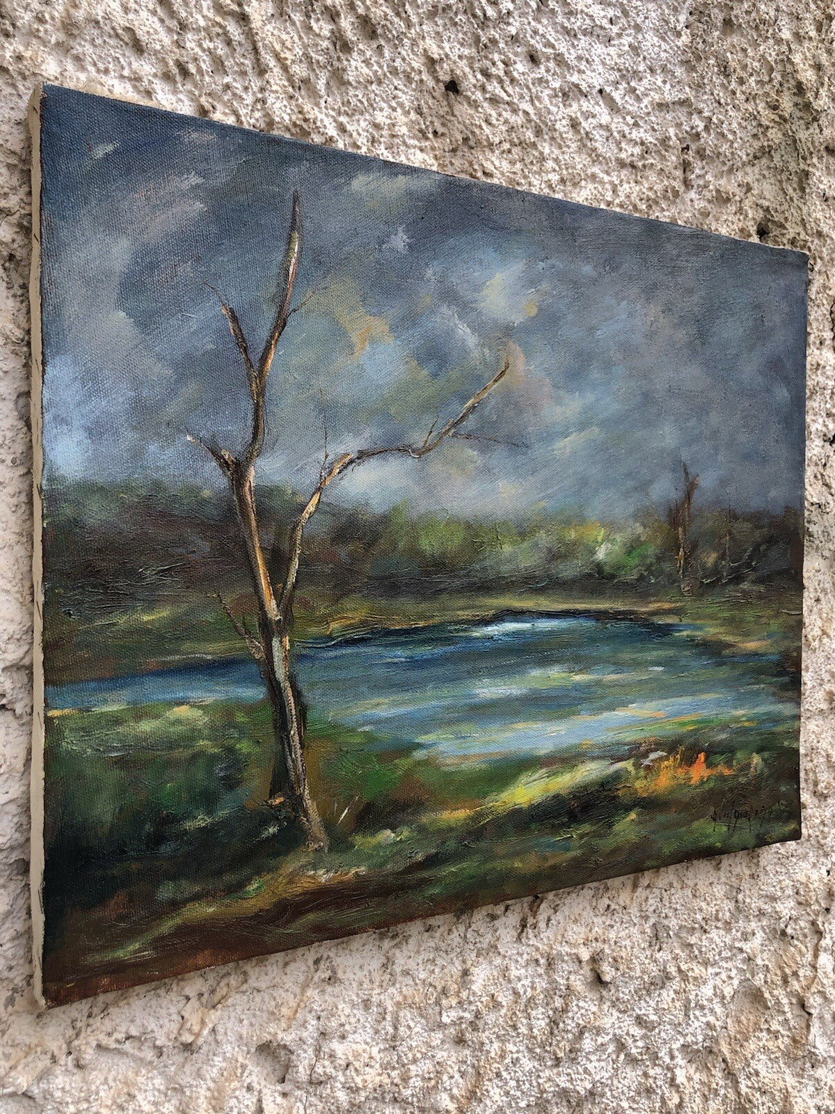 Quadro vintage -Paesaggio Con Lago- dipinto a olio su tela