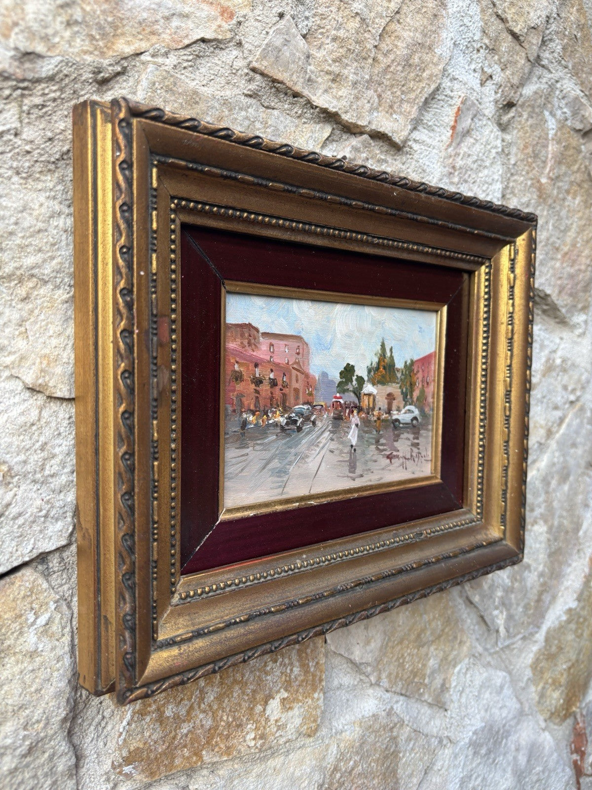 Quadro miniatura -Strada Con Figure- dipinto a olio su tavoletta