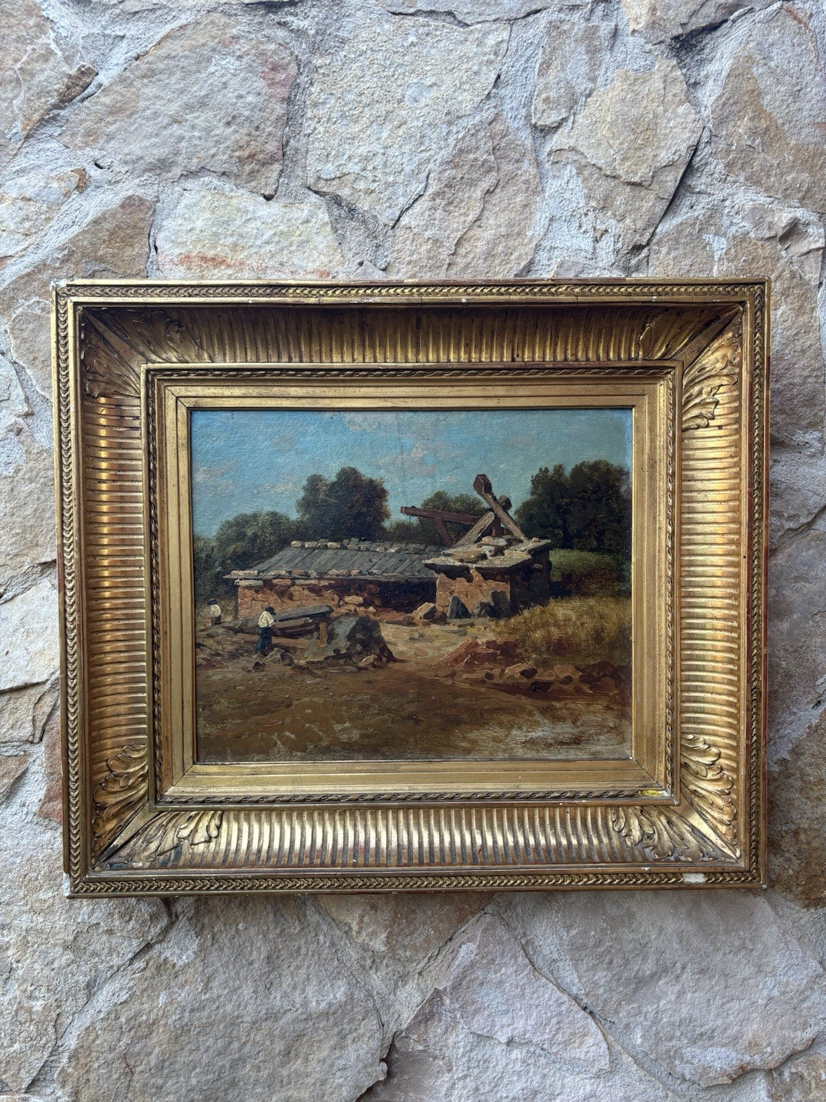 Quadro antico scuola francese -Paesaggio- dipinto a olio