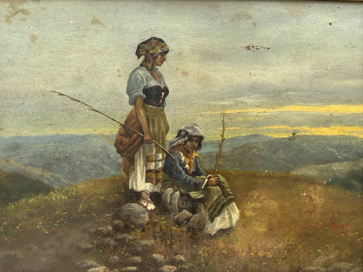 Quadro antico -Paesaggio Con Contadini- Stefano Bruzzi dipinto a olio