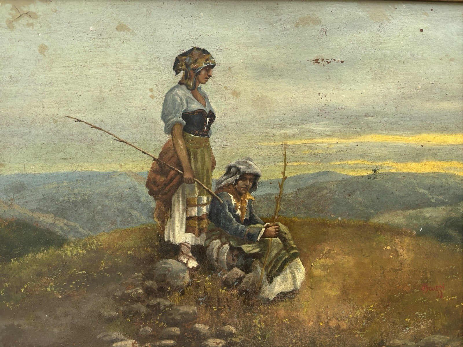 Quadro antico -Paesaggio Con Contadini- Stefano Bruzzi dipinto a olio