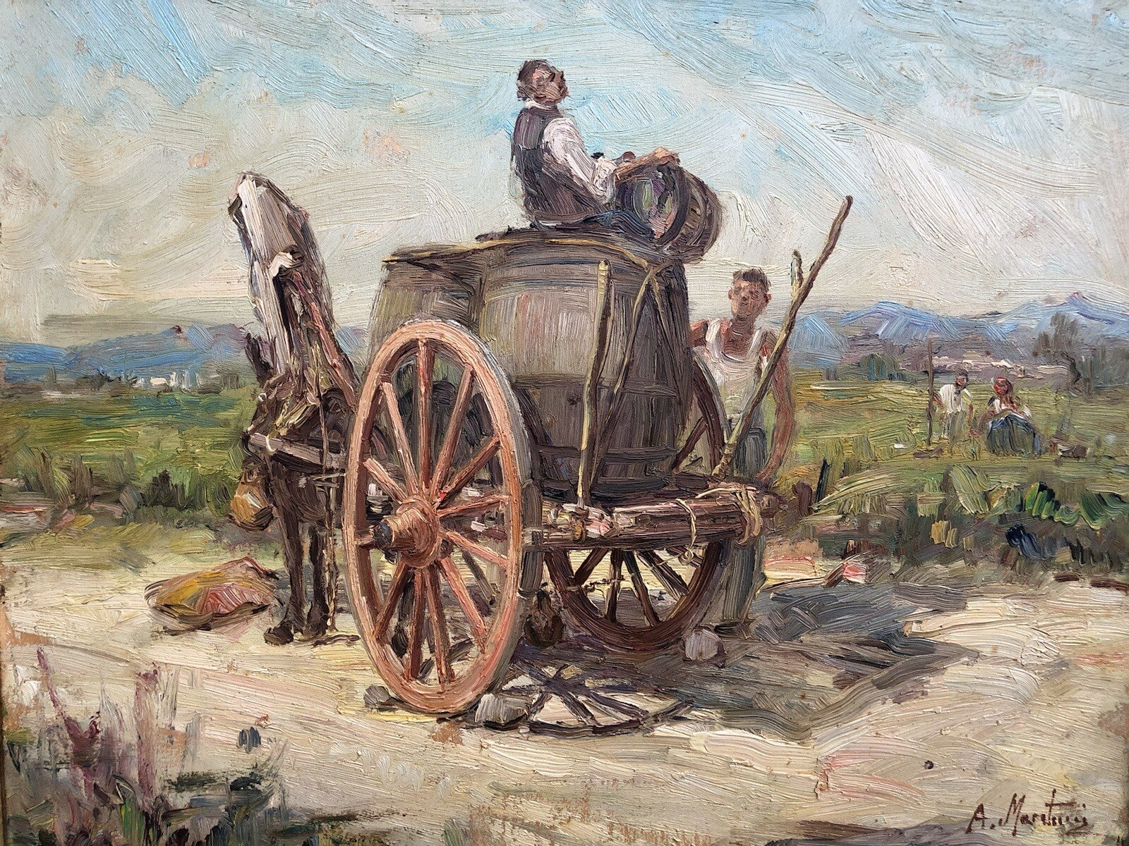 Quadro vintage -Paesaggio Con Carretto- dipinto a olio su tavoletta