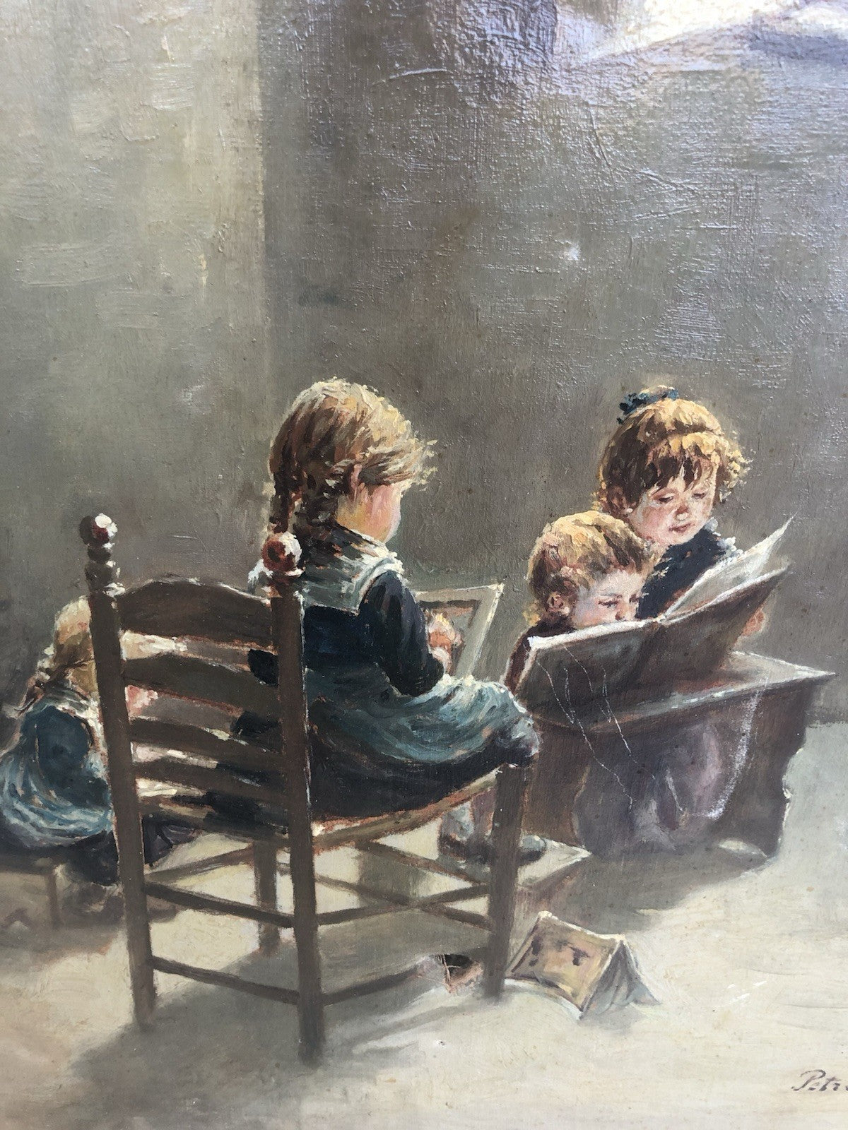 Quadro -Fanciulli In Lettura- dipinto a olio su tela