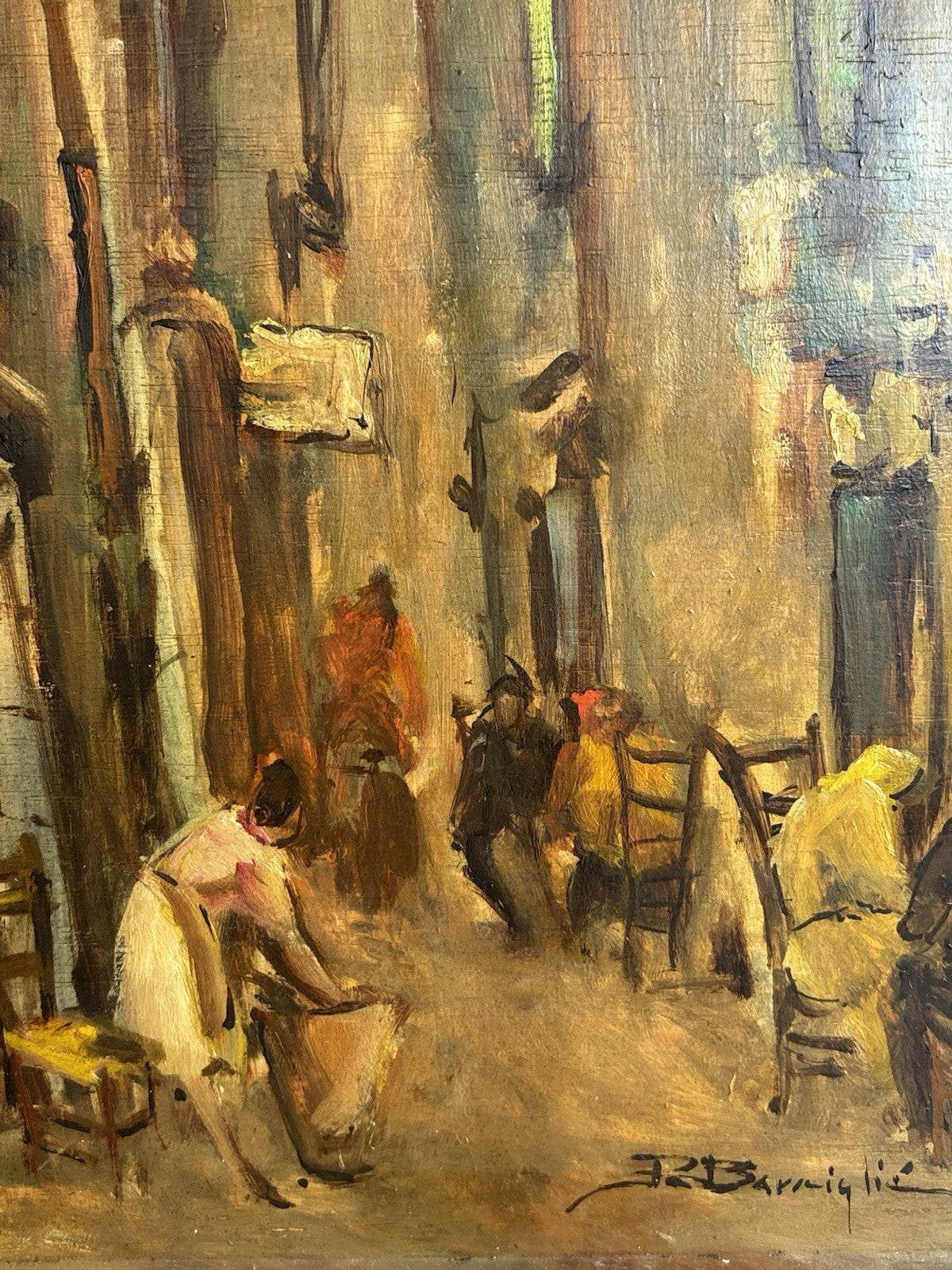 Quadro -Vicolo Con Figure- Raffaele Barscigliè dipinto a olio su tavoletta