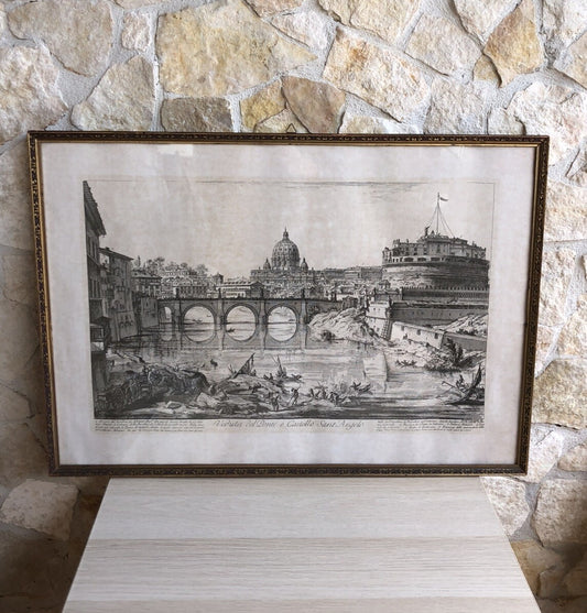 Stampa Vintage Roma, Veduta Del Ponte E Castel Sant’Angelo