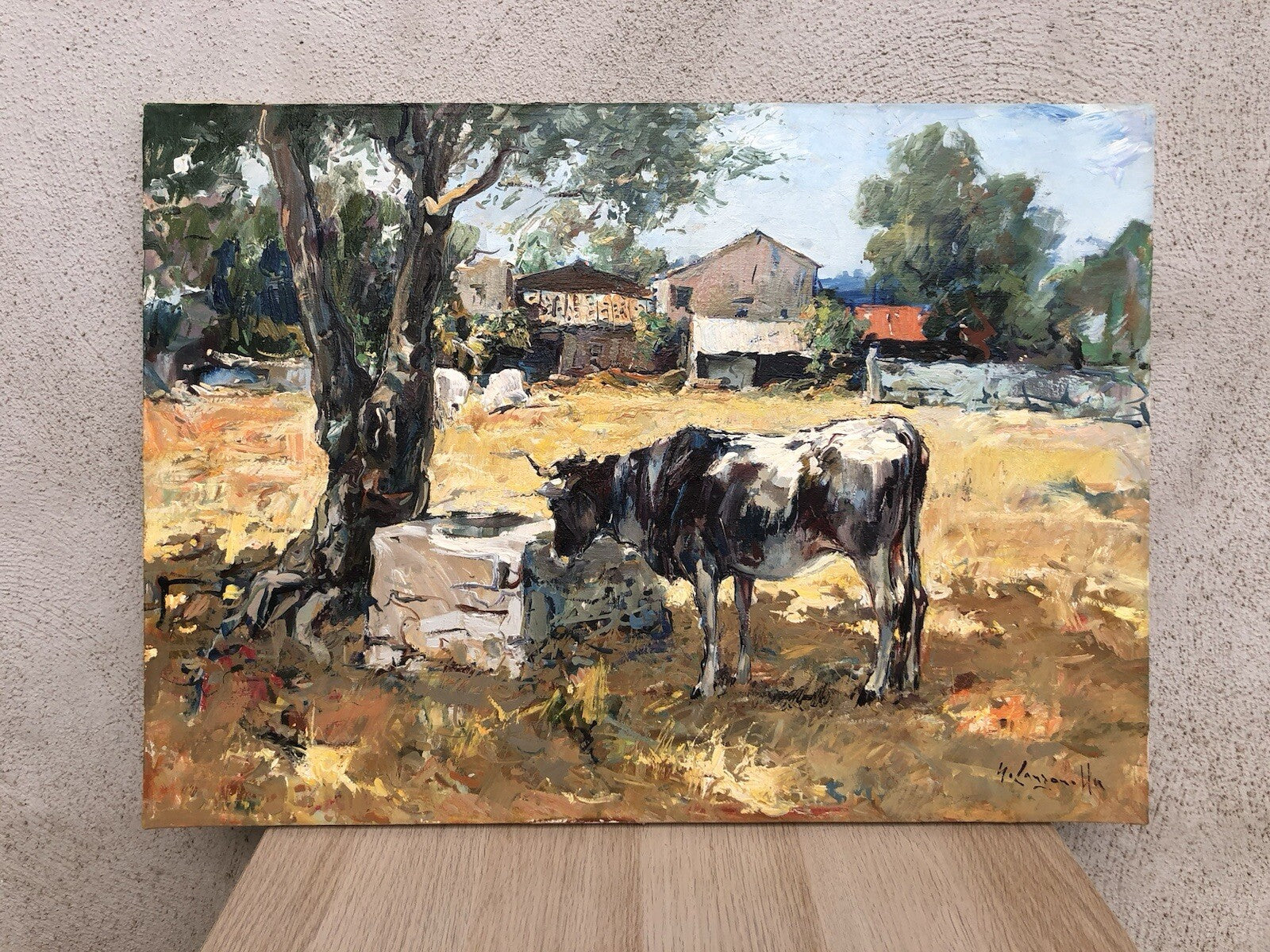 Quadro -Paesaggio Con Mucca- dipinto a olio su tela