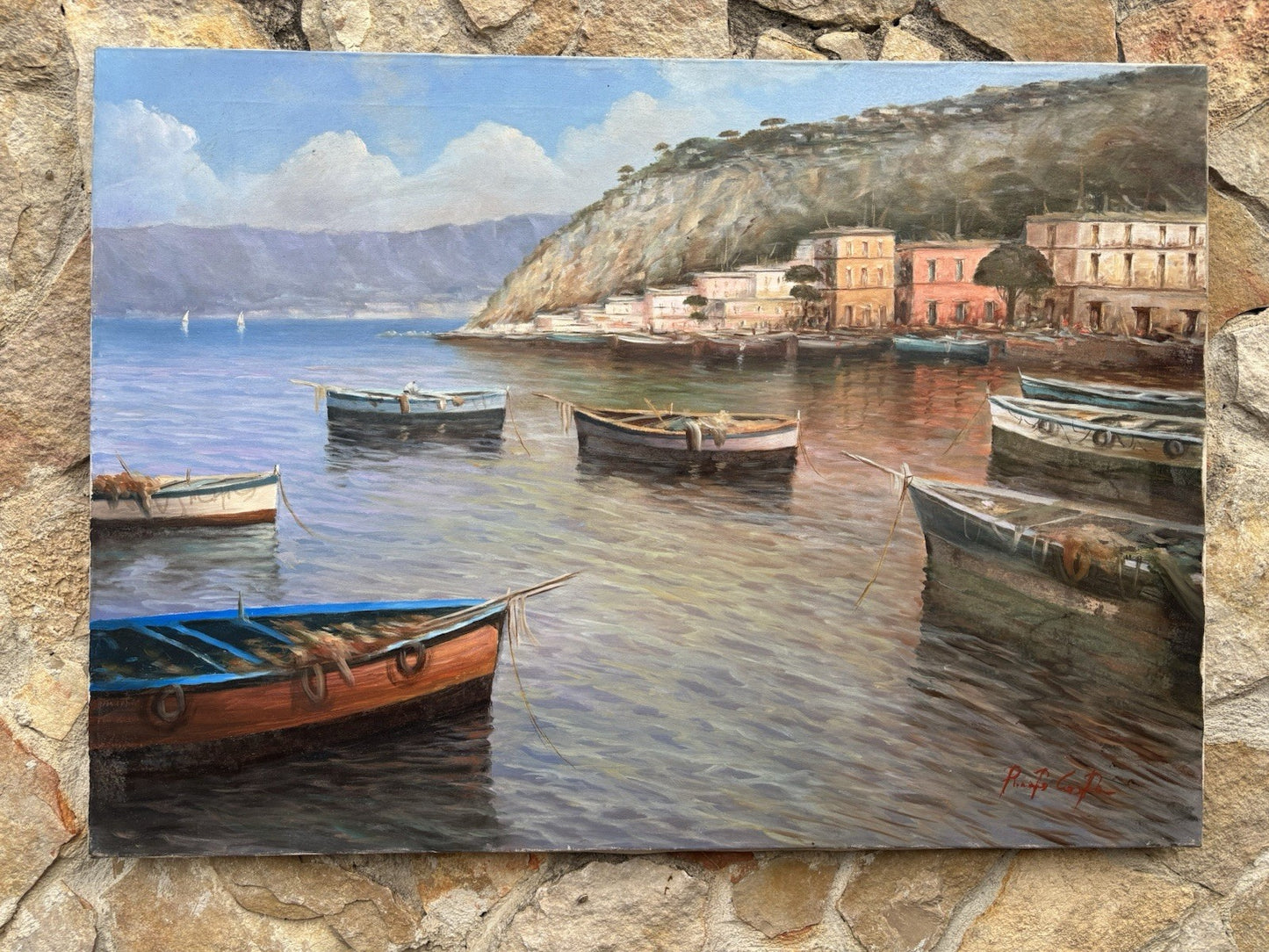 Quadro -Marina Con Barche- dipinto a olio su tela