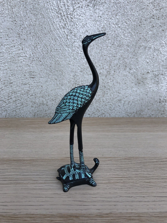 Scultura Vintage Airone Su Tartaruga In Bronzo Cinese