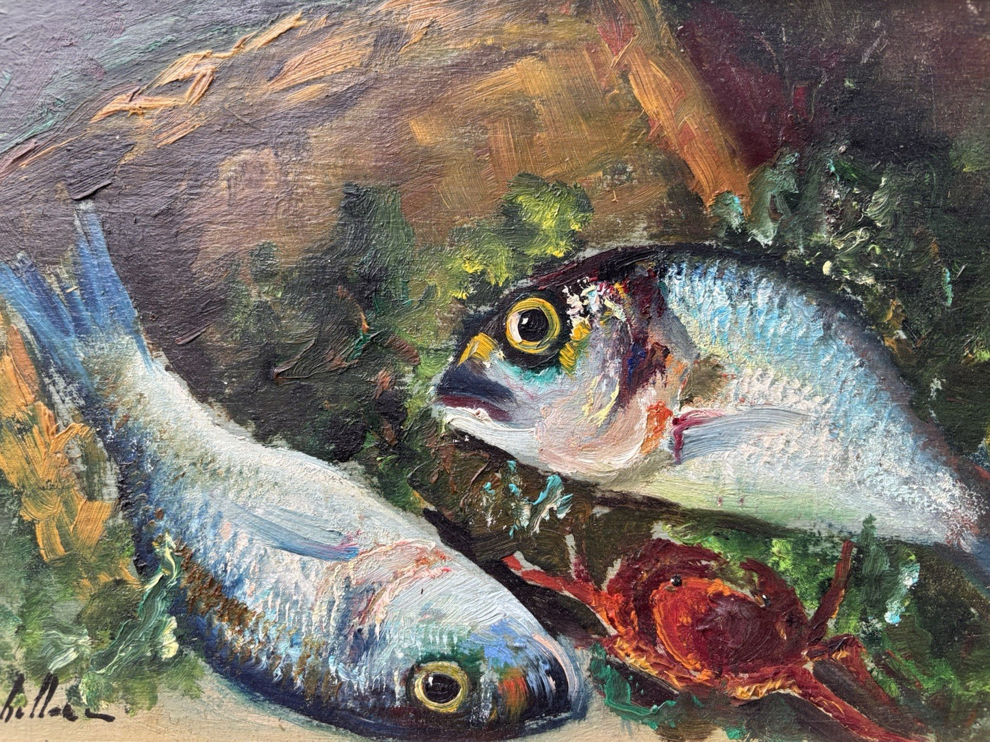 Quadro -Pesci- dipinto a olio su tavoletta