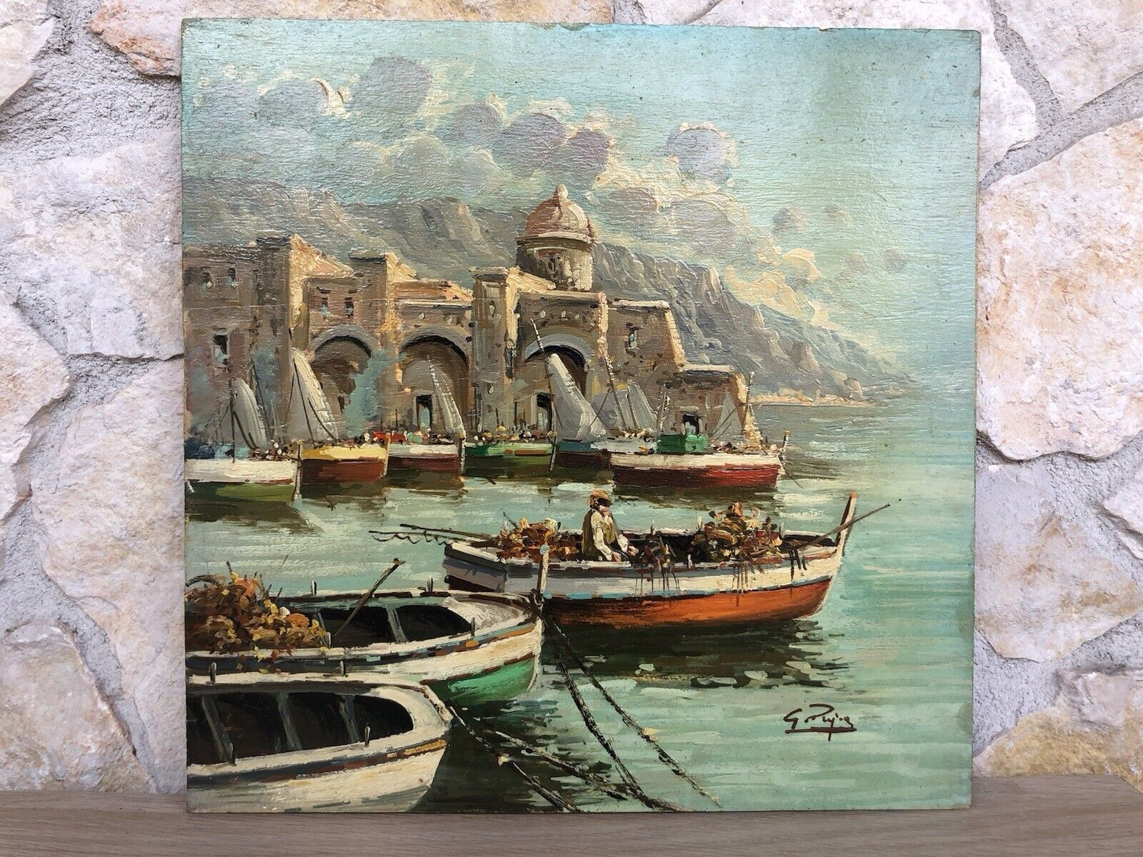 Quadro vintage -Marina Con Pescatori- dipinto a olio su tavoletta