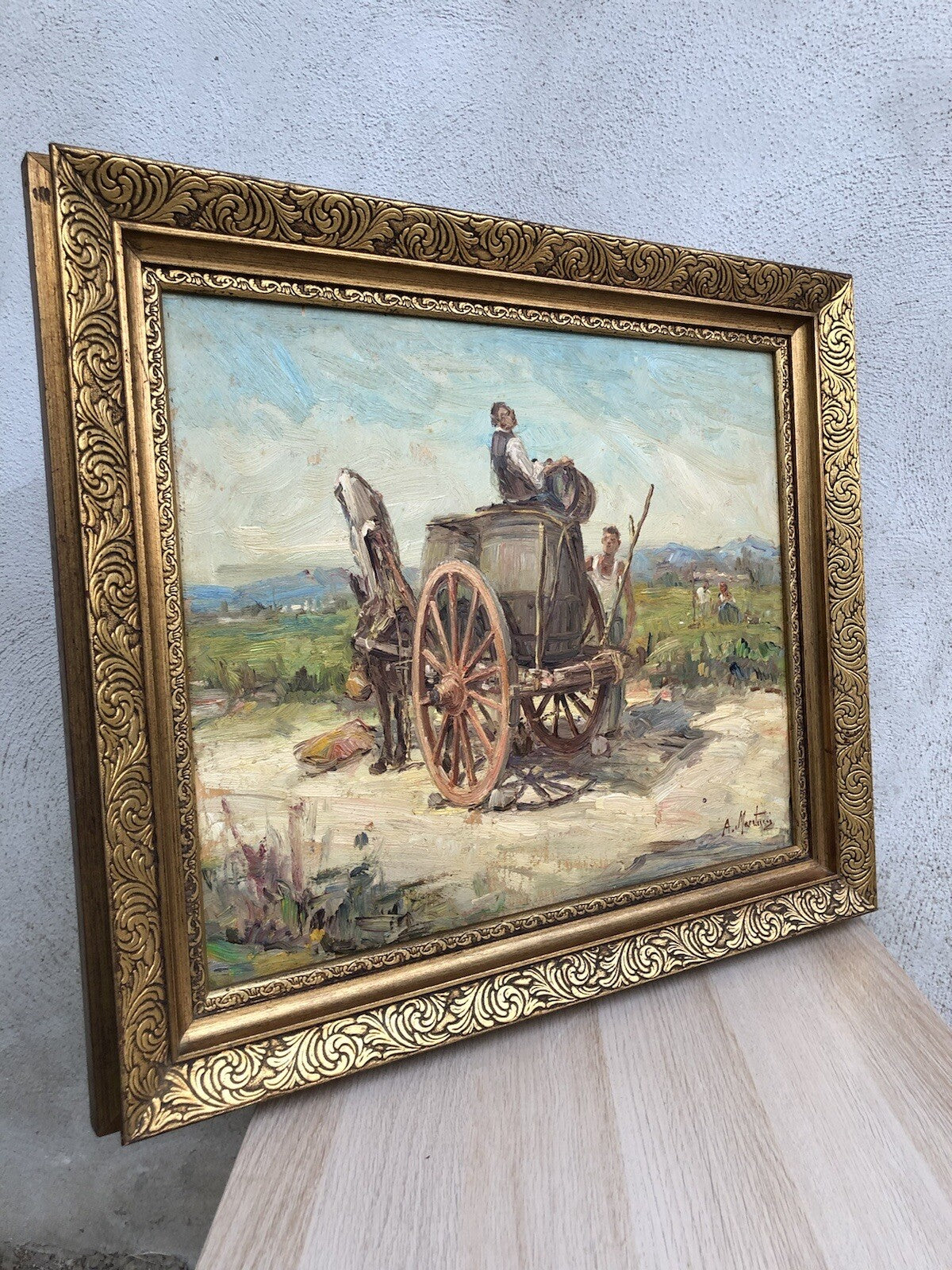 Quadro vintage -Paesaggio Con Carretto- dipinto a olio su tavoletta