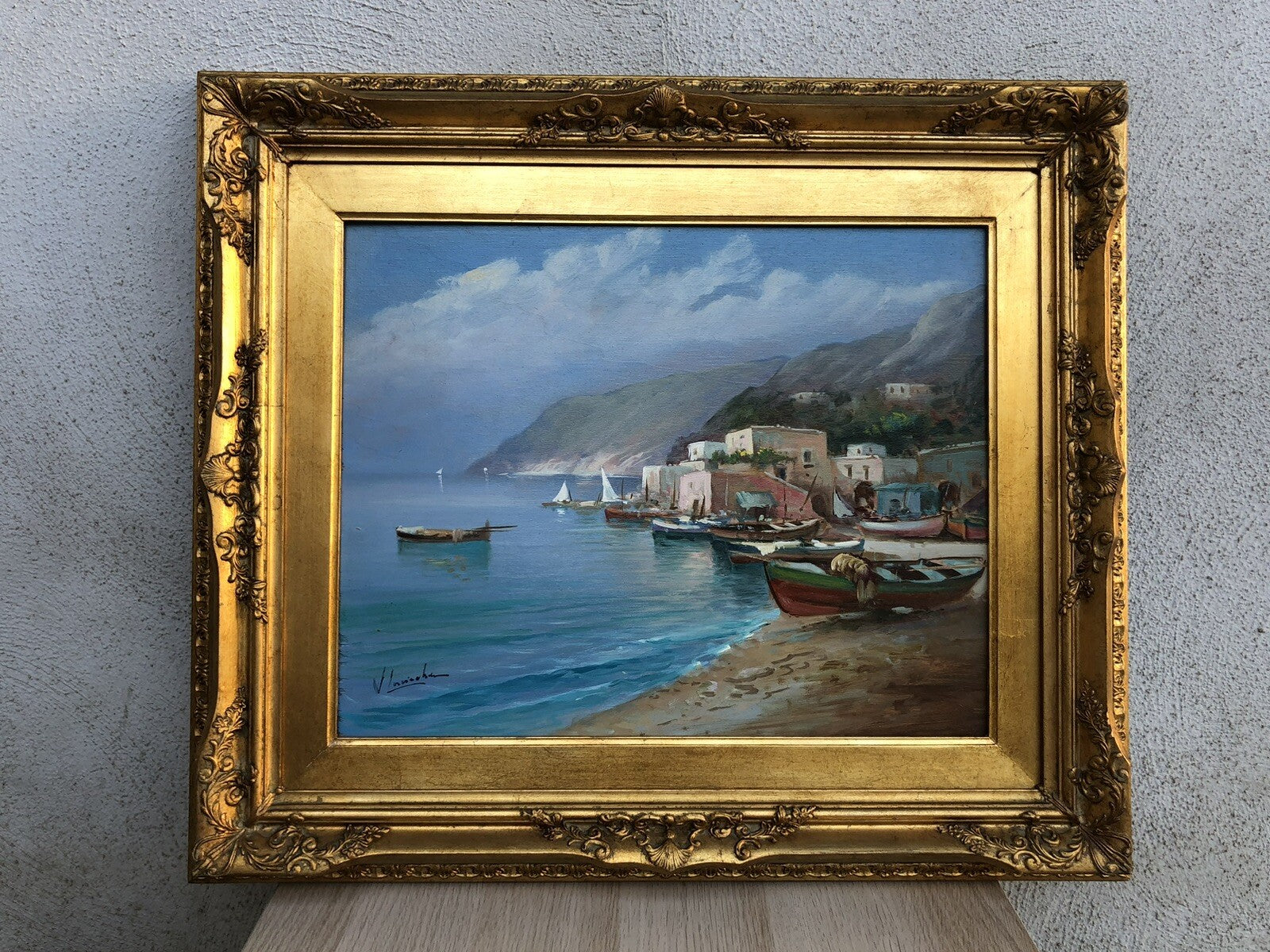 Quadro vintage -Marina Con Barche- dipinto a olio