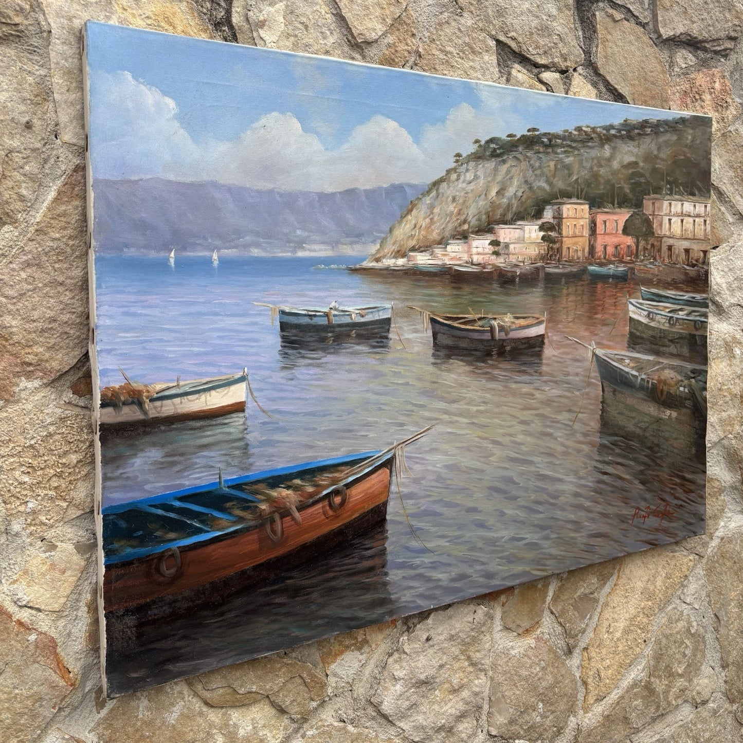 Quadro -Marina Con Barche- dipinto a olio su tela
