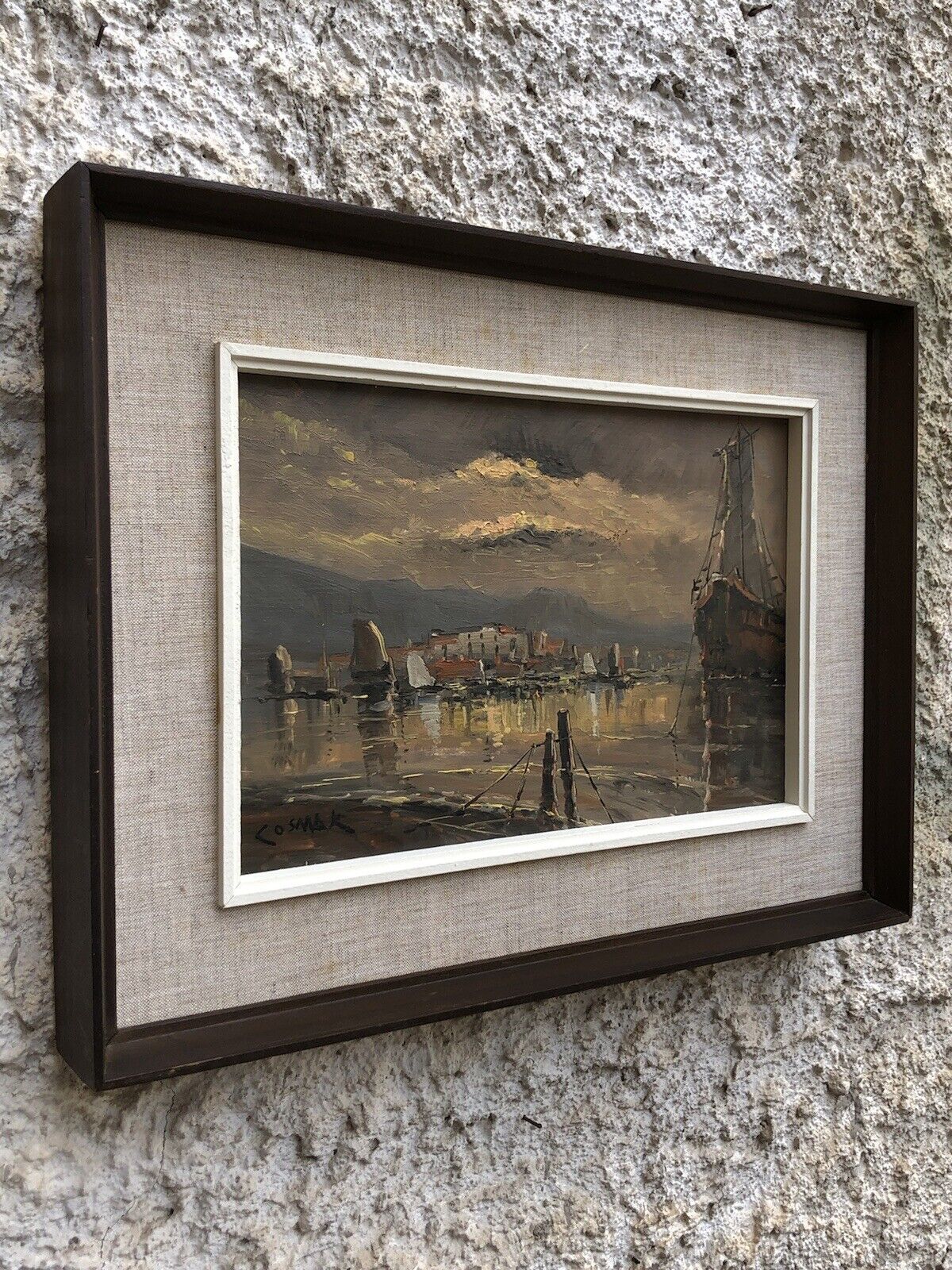 Quadro vintage -Marina Al Tramonto- dipinto a olio su tavoletta