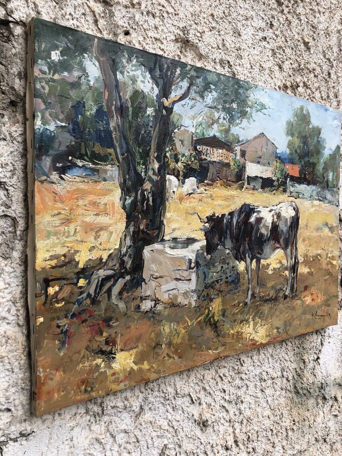 Quadro -Paesaggio Con Mucca- dipinto a olio su tela