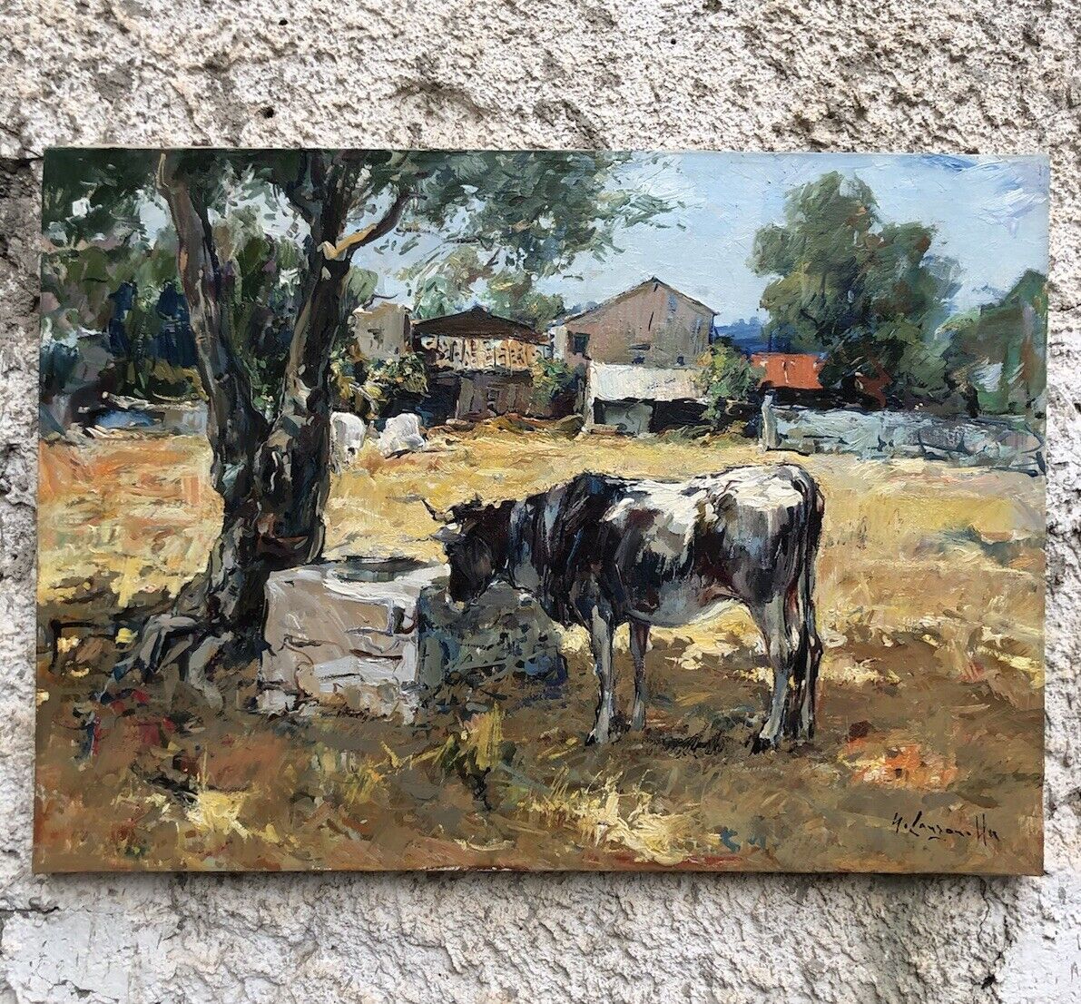 Quadro -Paesaggio Con Mucca- dipinto a olio su tela