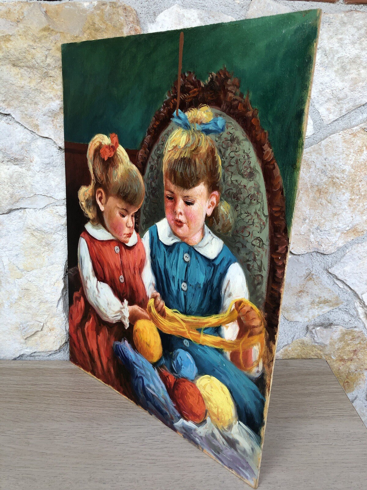 Quadro -Fanciulle Con Gomitoli Di Lana- dipinto a olio su tavoletta