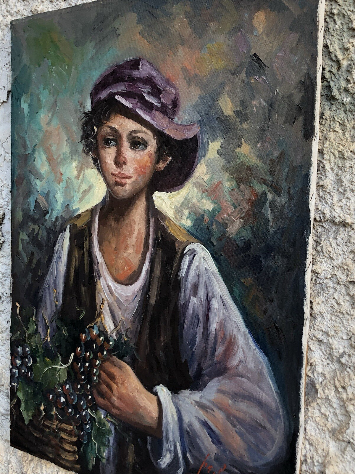 Quadro vintage -Ragazzo Con Frutta- dipinto a olio su tela