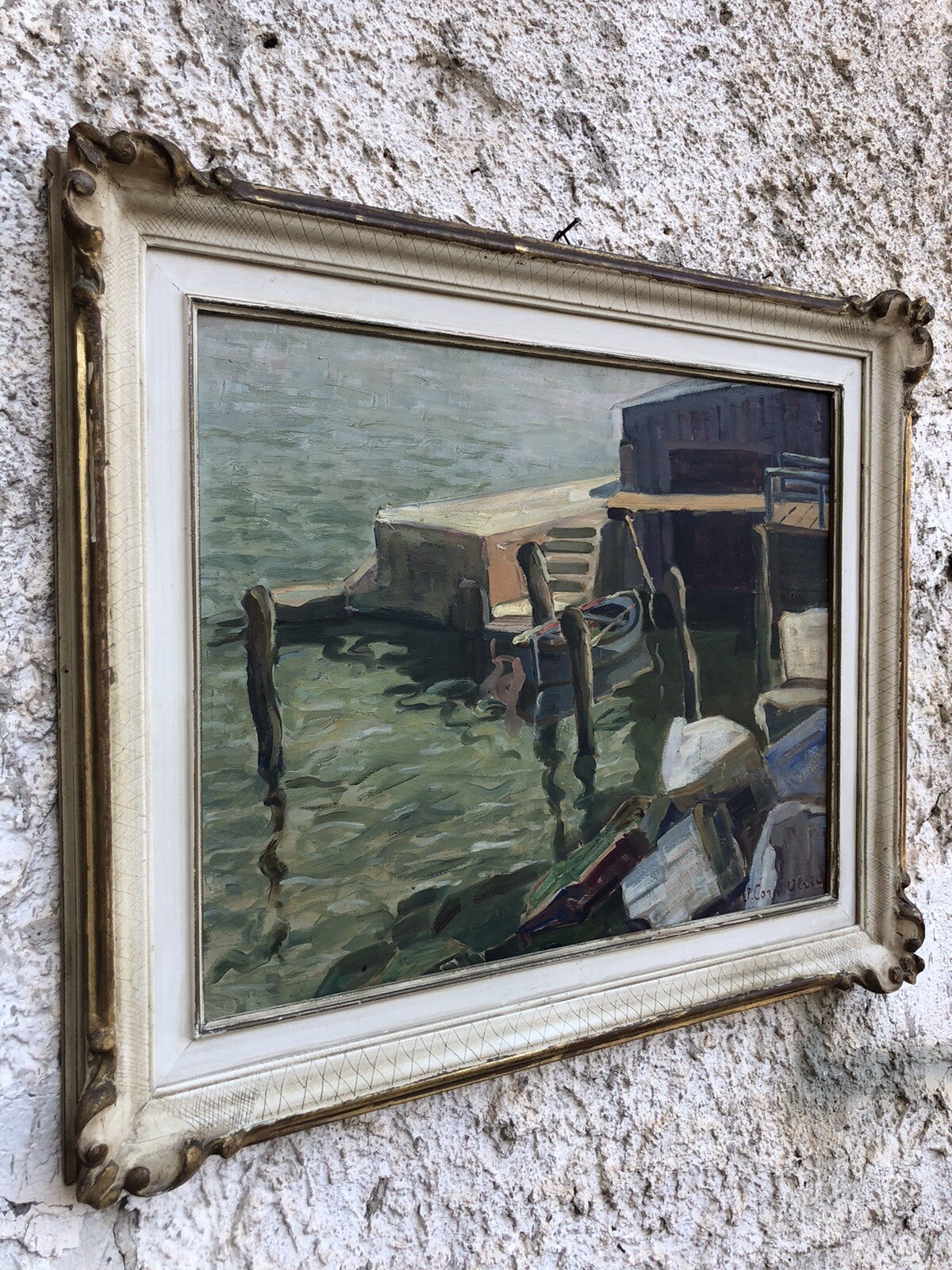 Quadro vintage francese -Barca Al Molo- dipinto a olio su tavoletta