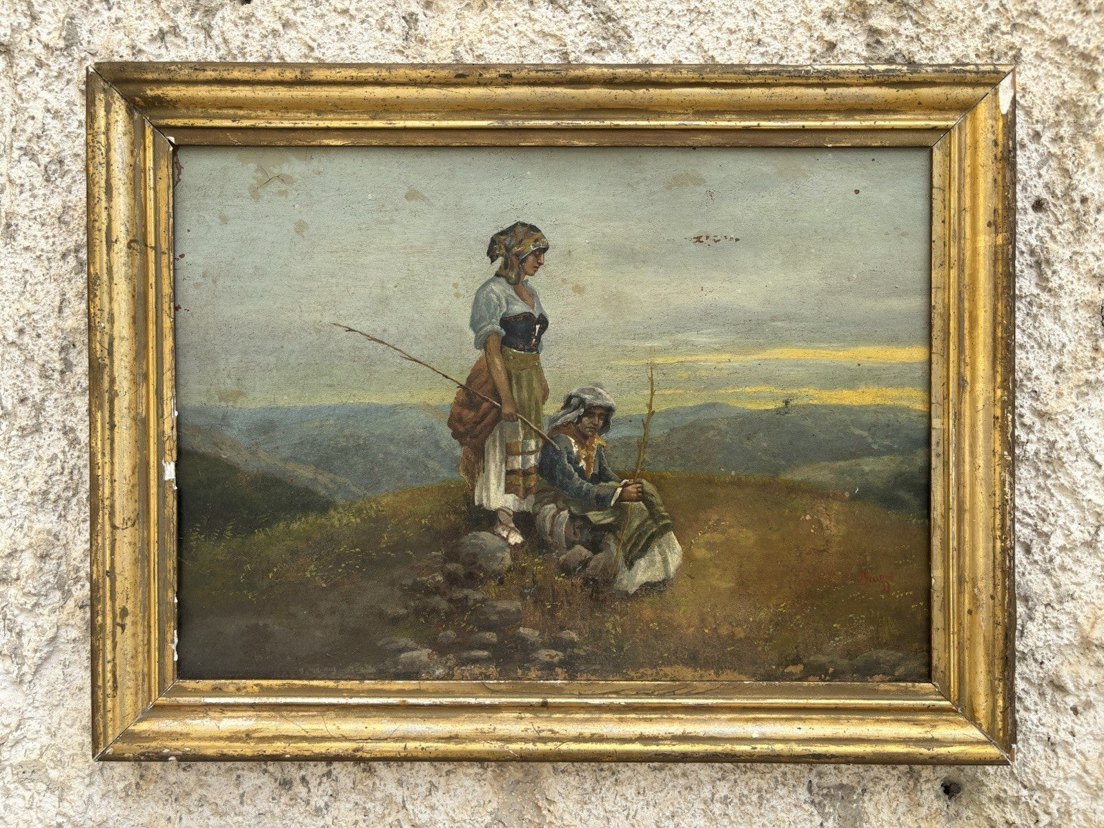 Quadro antico -Paesaggio Con Contadini- Stefano Bruzzi dipinto a olio