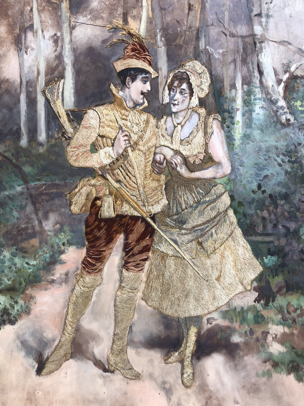 Coppia di quadri antichi ricamati e dipinti su raso in seta e cotone- tec. mista