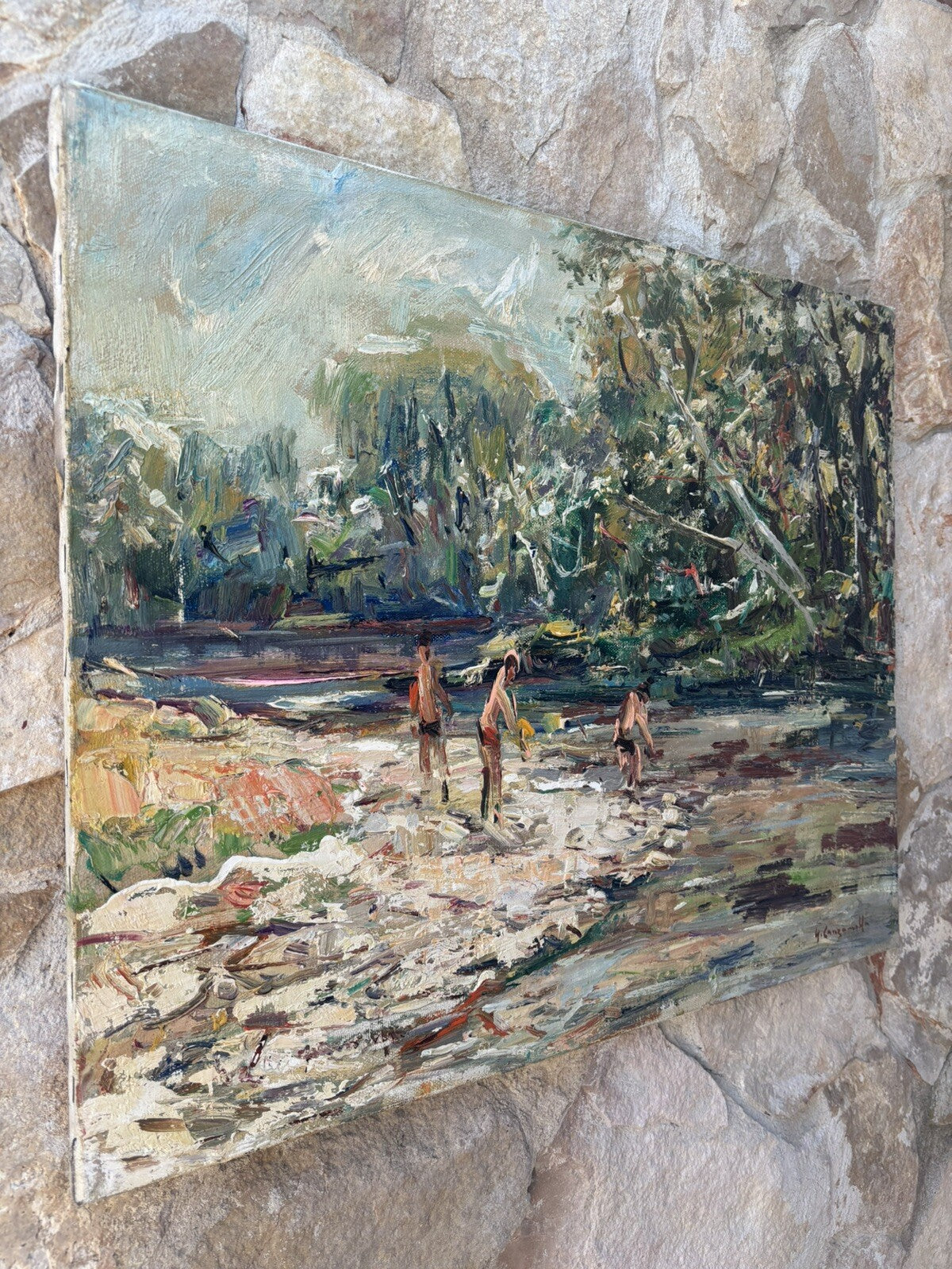 Quadro vintage -Bagnanti Al Fiume- dipinto a olio su tela