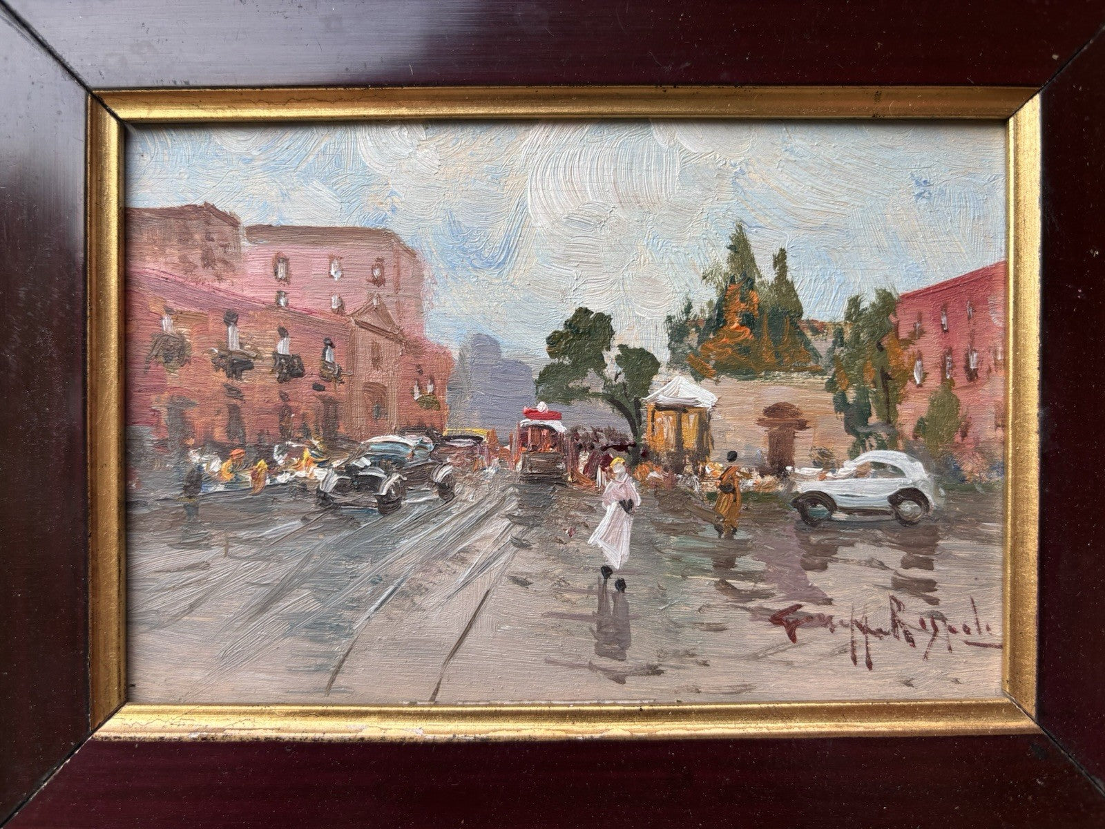 Quadro miniatura -Strada Con Figure- dipinto a olio su tavoletta